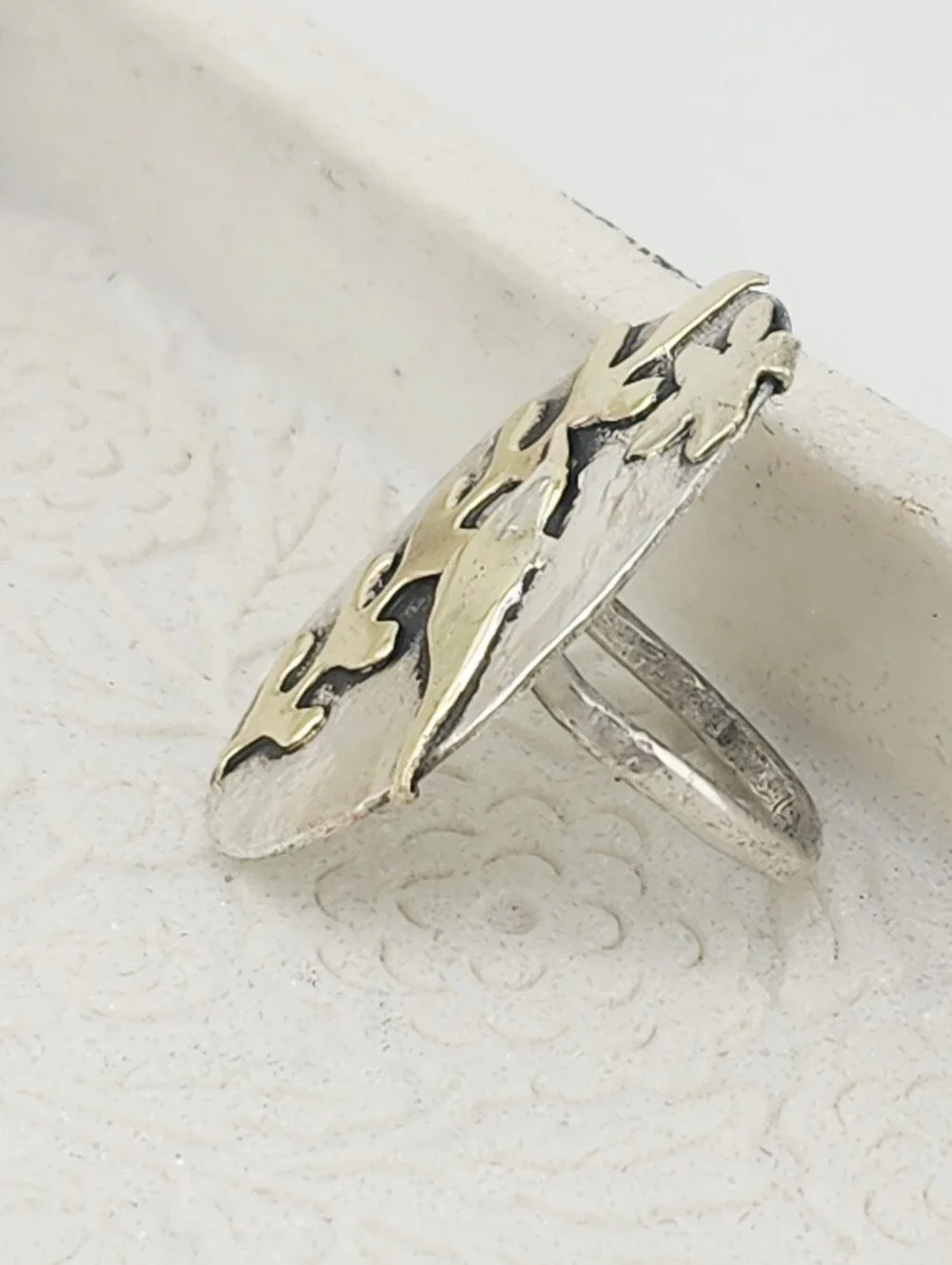 BOTANICAL ORGANIC STERLING SILVER & BRASS FLORAL RING HANDMADE SIZE 7